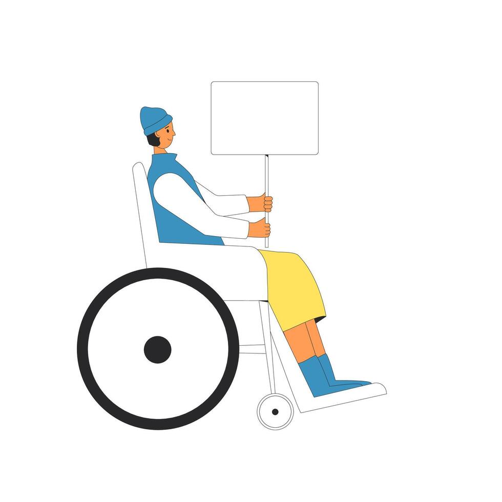jong rolstoel vrouw Holding blanco spandoek. vector