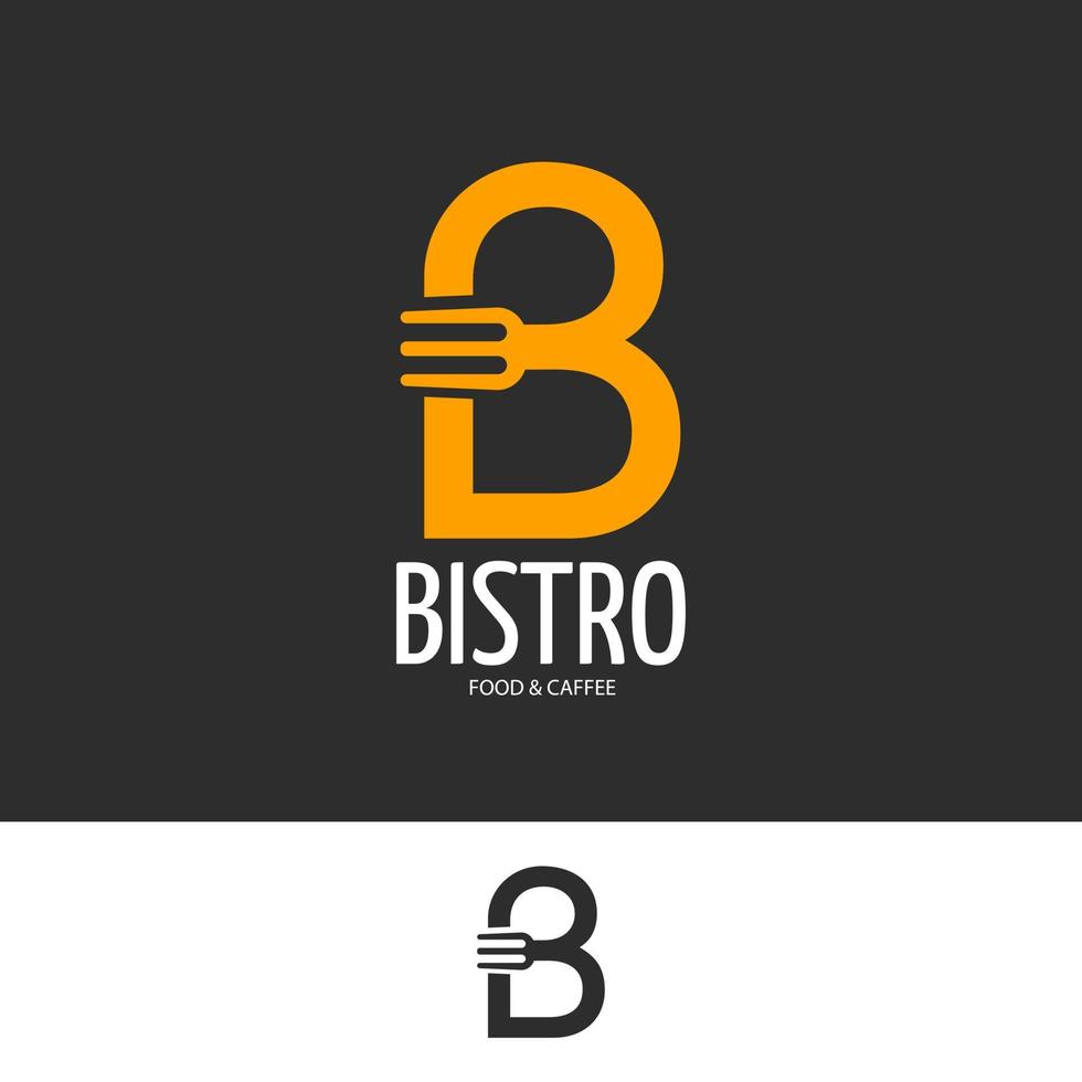 bistro café logo gele letter b op donkere achtergrond en vork sjabloon afbeelding ontwerp vector