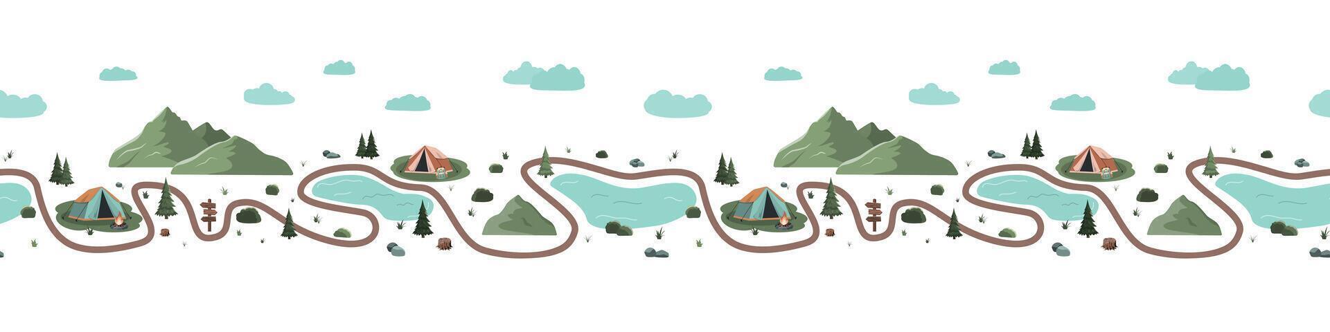 vector naadloos patroon met camping landschap, tenten paden. ontwerp voor textiel, spandoeken, achtergronden. geïsoleerd Aan wit achtergrond