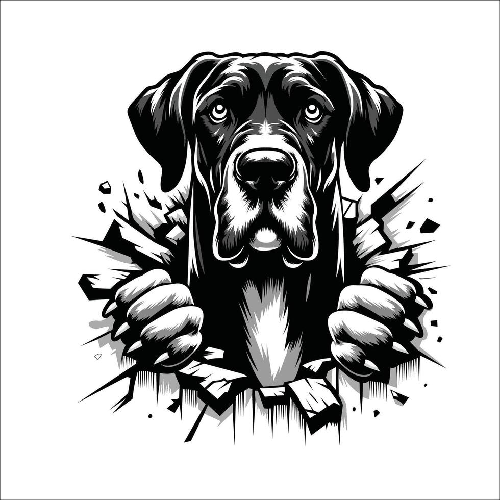 ai gegenereerd Super goed dane hond op zoek breekt door een doorbraak muur illustratie vector