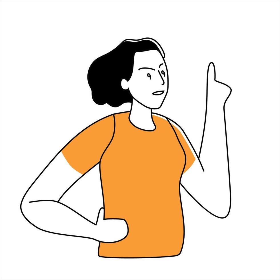 vrouw in oranje overhemd Holding hand- omhoog vector