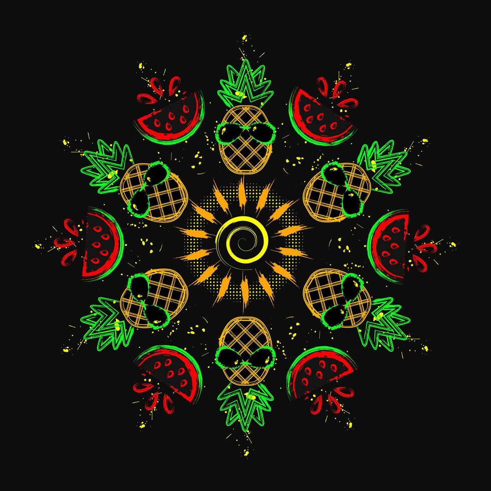 circulaire samenstelling Leuk vinden mandala met zon icoon, ananas, watermeloen, spetterde verf. gloeiend neon helder kleuren. schets, contour illustraties. vector