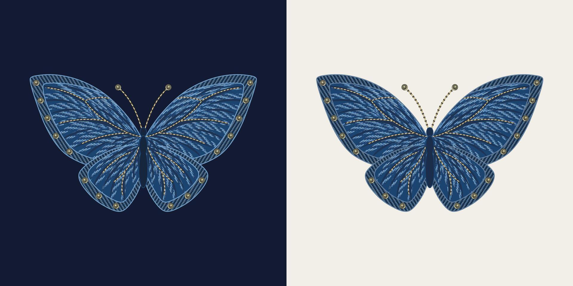 blauw vlinder in denim stijl, met jeans kleding stof getextureerde Vleugels, geel draad hechtingen, jeans klinknagels. gedetailleerd geïsoleerd illustratie. wijnoogst stijl. vector