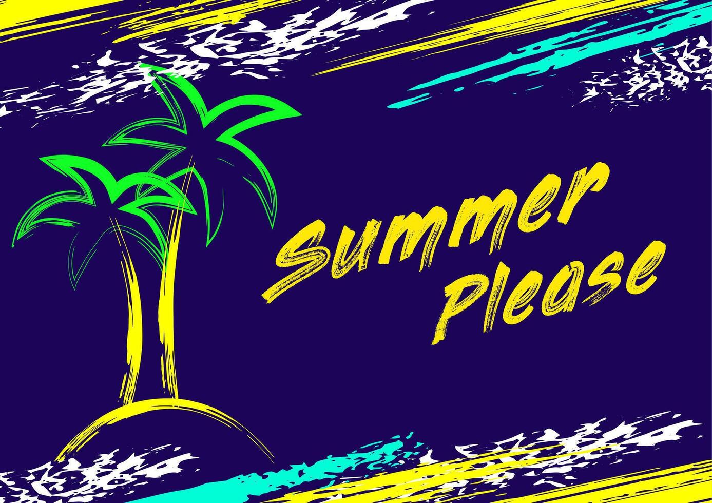 tropisch horizontaal poster met tekst, tropisch eiland, palm bomen, tekst zomer alsjeblieft. grunge verf borstel slagen, spetterde verf. gloeiend neon fluorescerend kleuren. vector