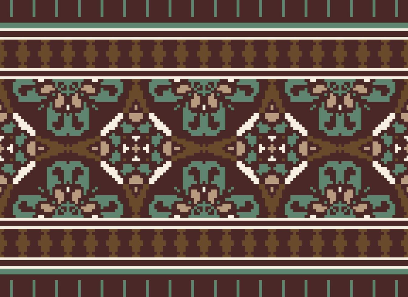 bloem borduurwerk Aan bruin achtergrond. ikat en kruis steek meetkundig naadloos patroon etnisch oosters traditioneel. aztec stijl illustratie ontwerp voor tapijt, behang, kleding, inpakken, batik. vector