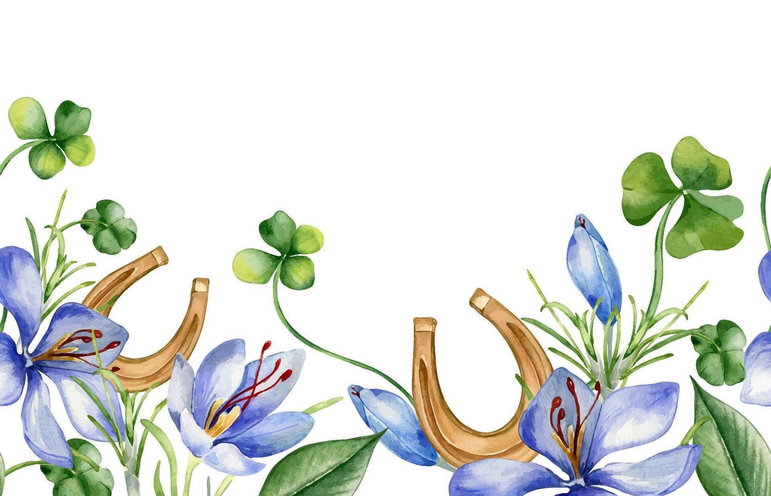 naadloos grens met saffraan en Klaver waterverf illustratie geïsoleerd Aan wit. geschilderd hoefijzer en bloemen. hand- getrokken Iers symbool. ontwerp element voor st. Patrick dag, web banier, pakket. vector