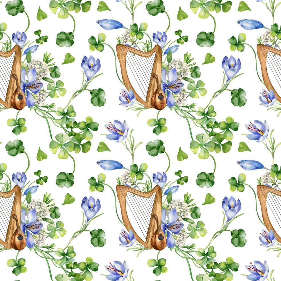 musical instrumenten en voorjaar bloemen waterverf naadloos patroon geïsoleerd Aan wit. geschilderd groen Klaver met harp en mandoline. Iers symbool hand- getrokken. ontwerp voor st. Patrick dag achtergrond. vector