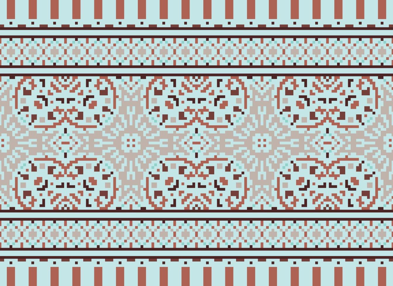 bloem borduurwerk Aan bruin achtergrond. ikat en kruis steek meetkundig naadloos patroon etnisch oosters traditioneel. aztec stijl illustratie ontwerp voor tapijt, behang, kleding, inpakken, batik. vector