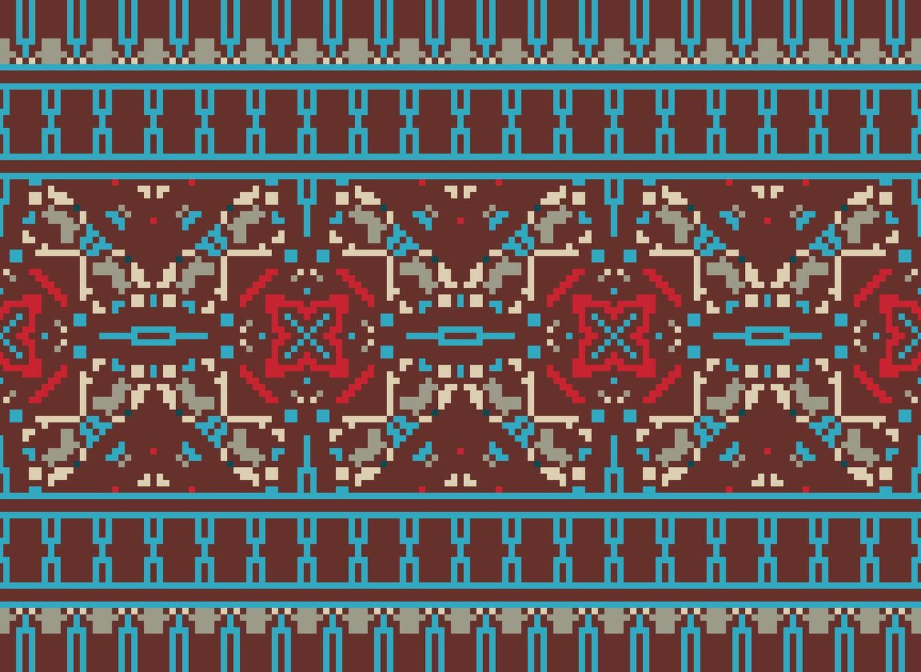 bloem borduurwerk Aan bruin achtergrond. ikat en kruis steek meetkundig naadloos patroon etnisch oosters traditioneel. aztec stijl illustratie ontwerp voor tapijt, behang, kleding, inpakken, batik. vector