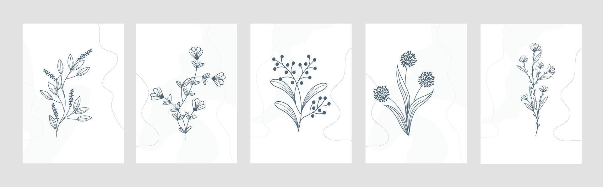 reeks van modieus wilde bloemen en minimalistische bloemen voor logo of decoraties. hand- getrokken lijn bruiloft kruid, elegant bladeren voor uitnodiging opslaan de datum kaart. botanisch rustiek modieus groen vector