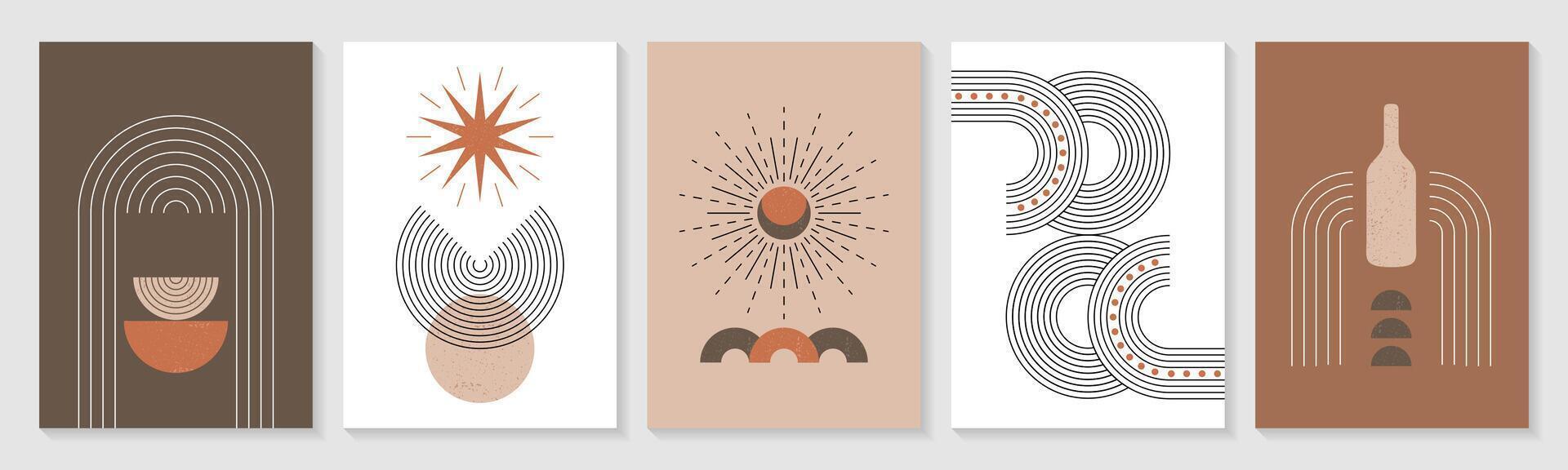 zen boog poster set. modern boho lineair meetkundig vormen, lijnen, gemakkelijk figuren in pastel kleuren. vector minimalistische abstract muur kunst hedendaags elementen, gouden zon in modieus minimaal Boheems stijl