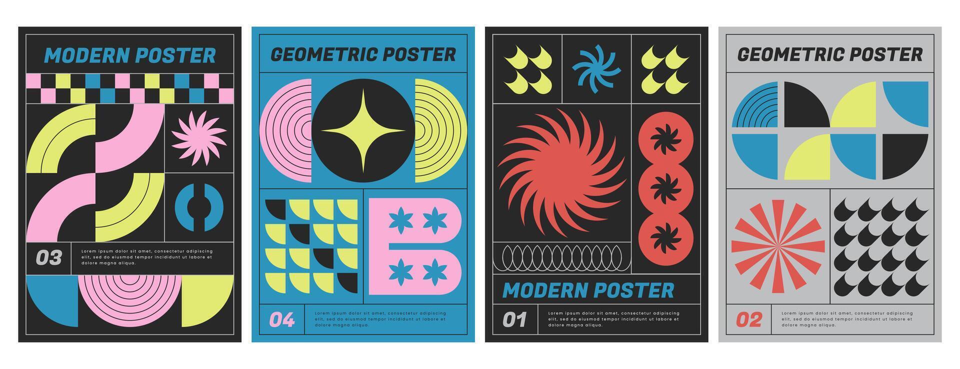 modern meetkundig posters met abstract futuristische vormen. vector flyers verzameling met kleurrijk grafisch elementen, gemakkelijk figuren en kopteksten in brutalist stijl. covers verzameling met modieus prints