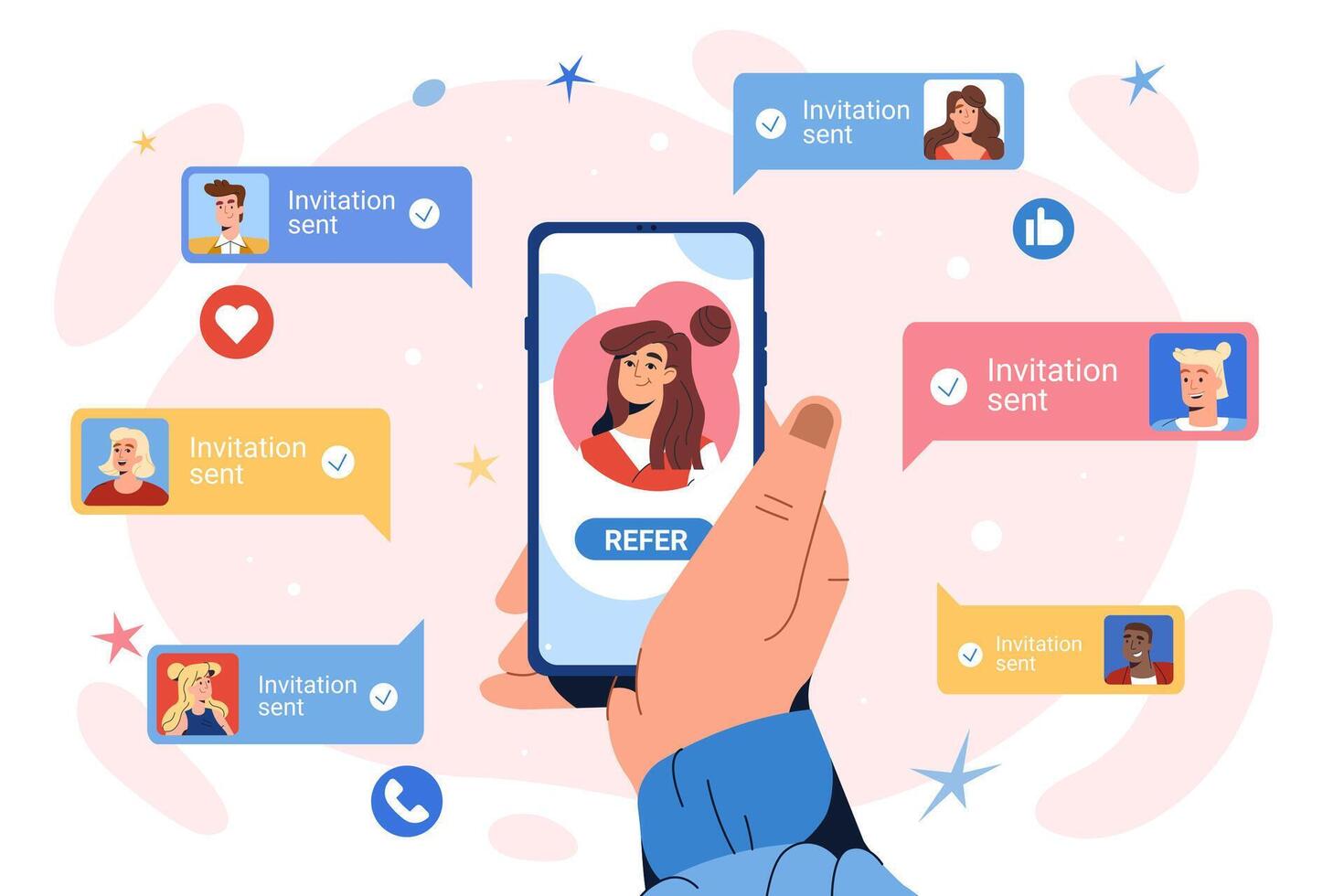 verwijzen een vriend concept. vlak hand- met smartphone naar nodig uit vrienden voor gemeenschap Aan sociaal media groep. verdienen beloningen, geld bonus van online doorverwijzing programma. tieners volgen en toetreden naar influencer vector