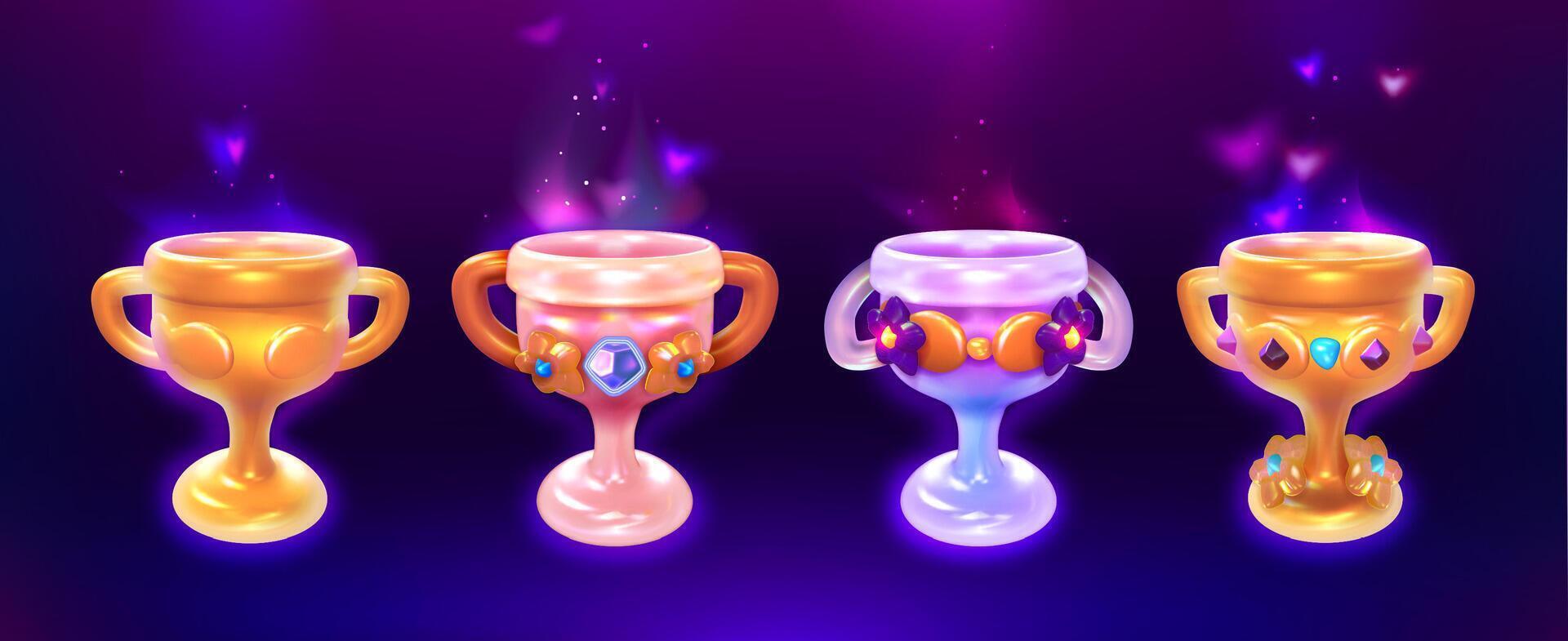 reeks van spel trofeeën, gouden cups met edelstenen. verzameling van spel rekwisieten, gui ontwerp elementen. prijs bekers, gloeiend winnaars prijzen vector tekenfilm illustratie geïsoleerd Aan donker achtergrond