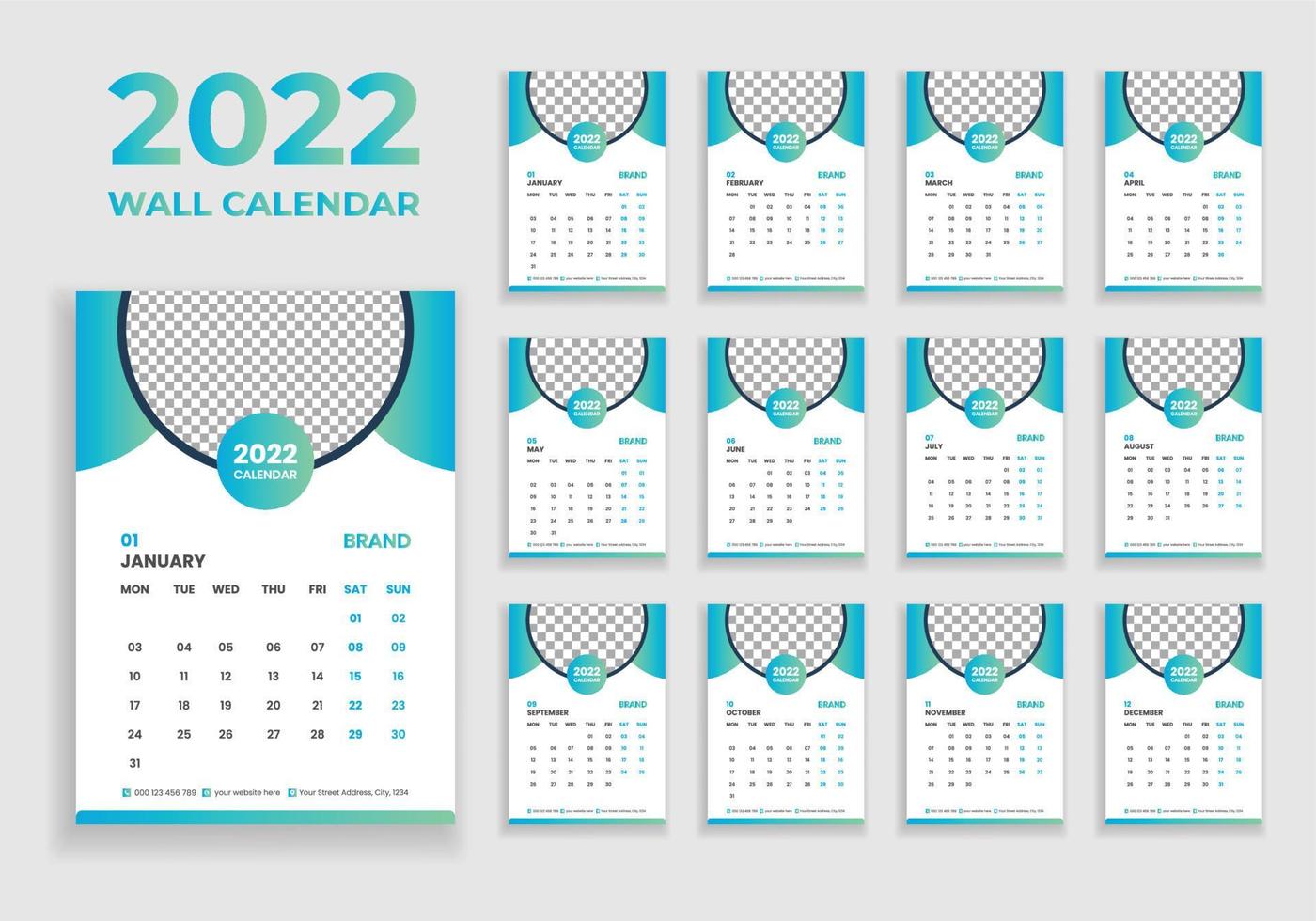 wandkalender ontwerp 2022. wandkalender ontwerp 2022. nieuwjaarskalender ontwerp 2022. week begint op maandag. sjabloon voor jaarkalender 2022 vector