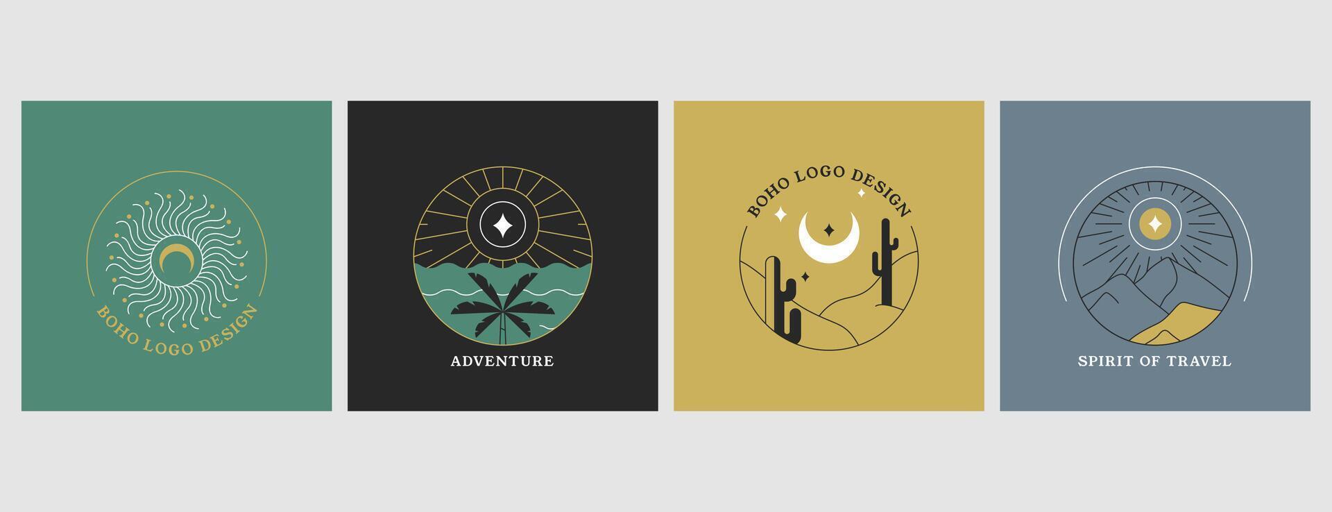 reeks van vector lineair boho logo ontwerp. reizen pictogrammen of emblemen met cactus, zee, palm, woestijn landschap, berg, zon en maan. Boheems lijsten, borders of boog lijn met symbolen in minimaal stijl