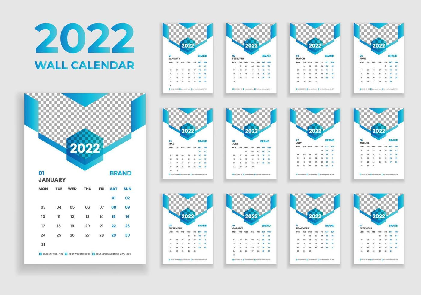 wandkalender ontwerp 2022. wandkalender ontwerp 2022. nieuwjaarskalender ontwerp 2022. week begint op maandag. sjabloon voor jaarkalender 2022 vector