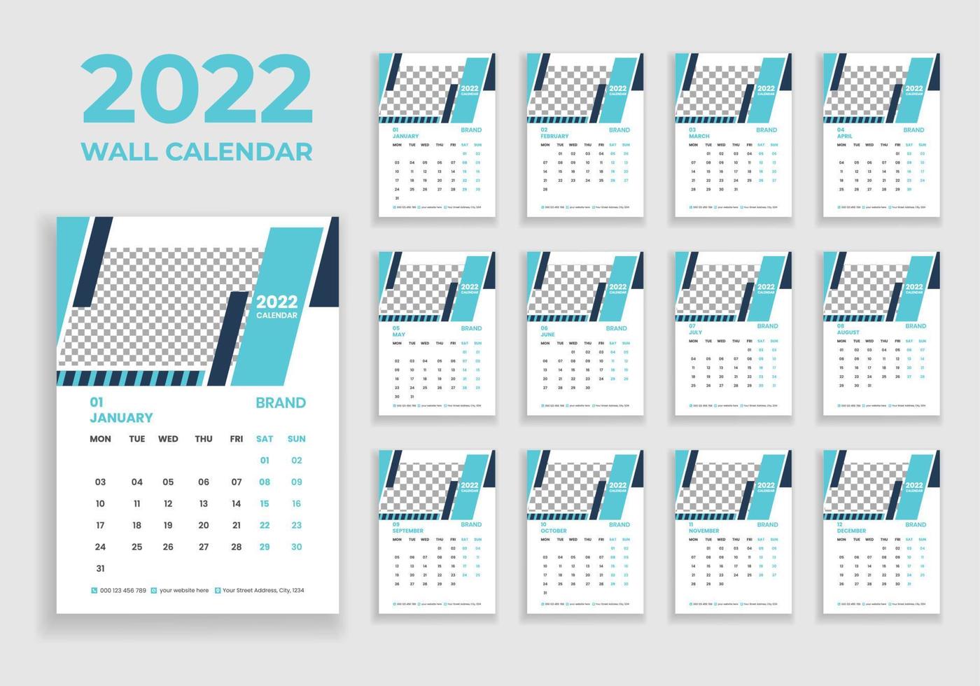 wandkalender ontwerp 2022. wandkalender ontwerp 2022. nieuwjaarskalender ontwerp 2022. week begint op maandag. sjabloon voor jaarkalender 2022 vector