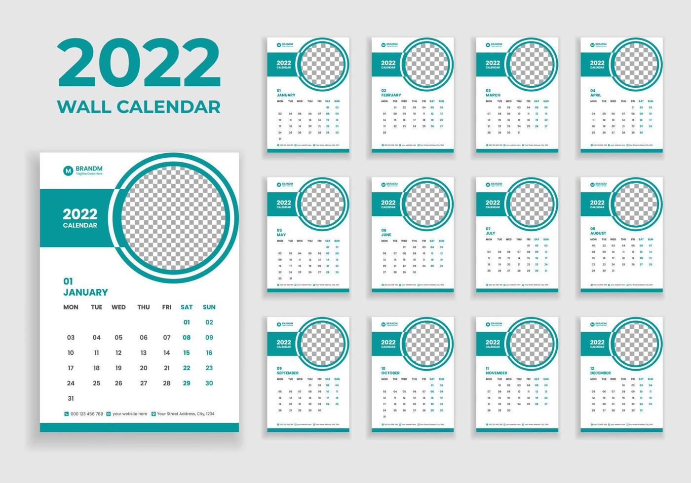 wandkalender ontwerp 2022. wandkalender ontwerp 2022. nieuwjaarskalender ontwerp 2022. week begint op maandag. sjabloon voor jaarkalender 2022 vector