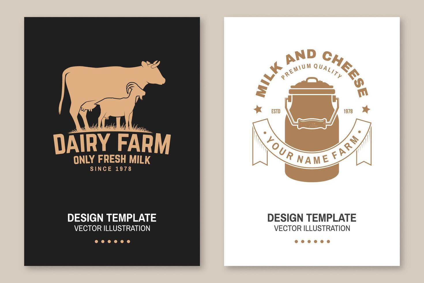 zuivel boerderij. enkel en alleen vers melk insigne, logo. vector folder, brochure, banier, poster ontwerp met koe, geit, melk kan silhouet. sjabloon voor zuivel en melk boerderij bedrijf, winkel, markt, verpakking en menu