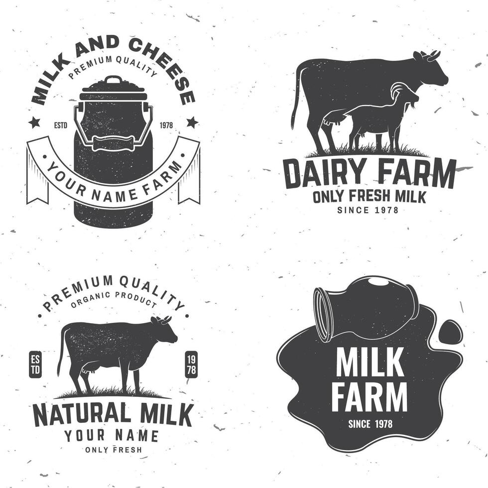 zuivel boerderij. enkel en alleen vers melk insigne, logo. vector. typografie ontwerp met koe , geit silhouet. sjabloon voor zuivel en melk boerderij bedrijf - winkel, markt, verpakking en menu vector