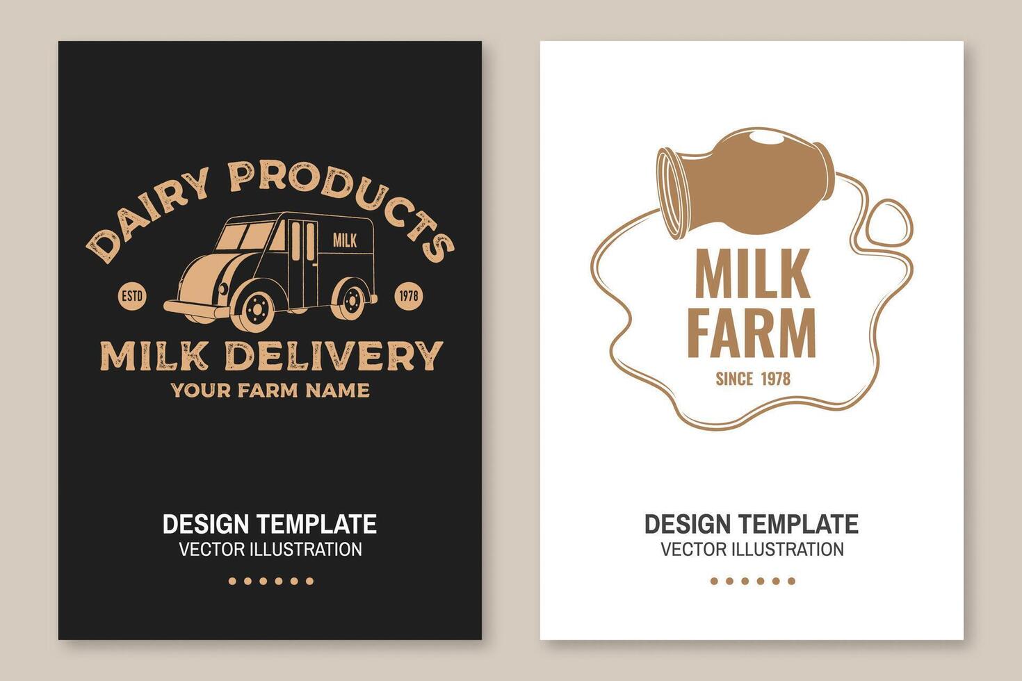 melk levering insigne, logo. vector. folder, brochure, banier, poster ontwerp met melk vrachtwagen, melk kan silhouet. sjabloon voor zuivel en melk boerderij bedrijf - winkel, markt, verpakking en menu vector