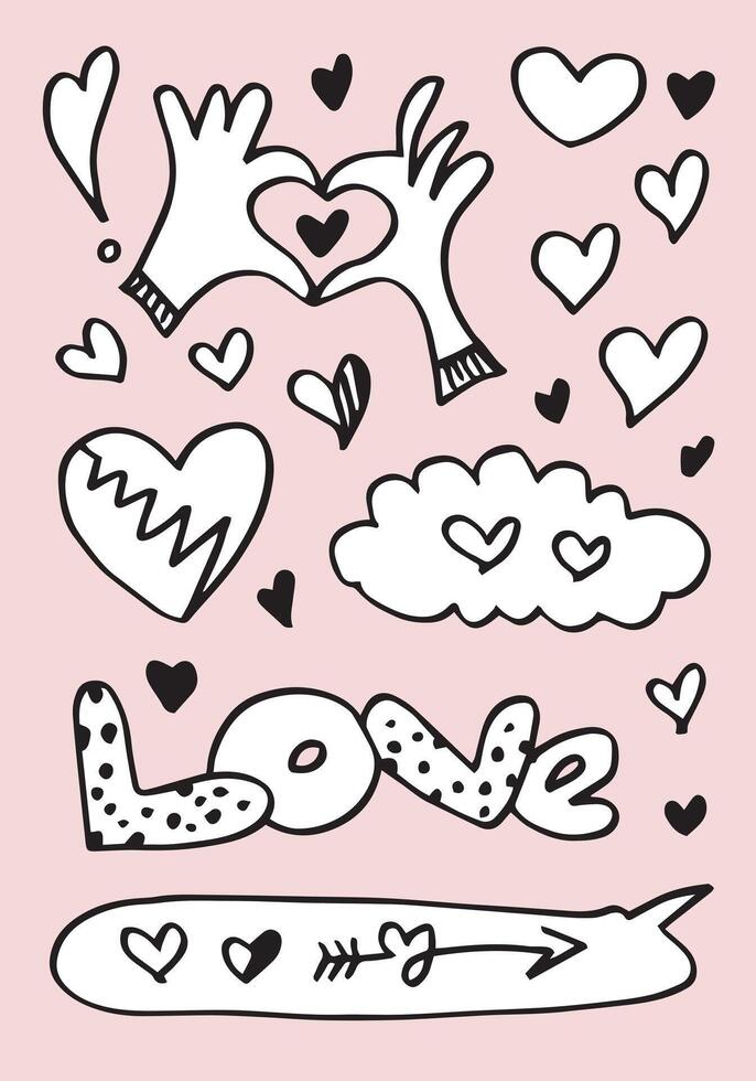 hand getrokken doodles instellen voor Valentijnsdag. verzameling van mooie harten en geschriften liefde op witte achtergrond. vectorillustratie. vector