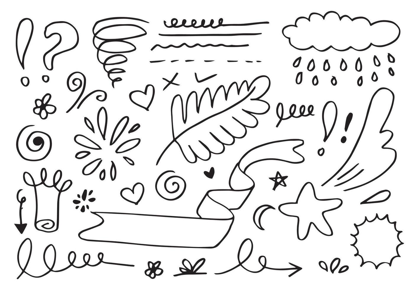 bladeren, harten, abstract, linten, pijlen en andere elementen in de hand getekende stijlen voor conceptontwerpen. doodle illustratie. vectorsjabloon voor decoratie vector