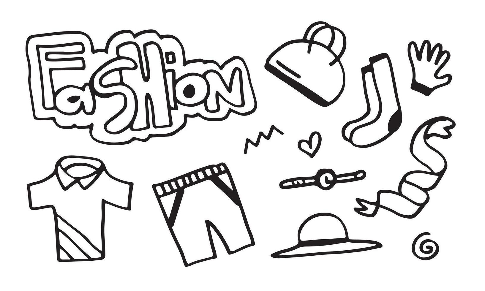 mode hand- getrokken. tekening illustratie met schoenen, tas, t-shirt, korte broek, horloge, hoed en sjaal. vector