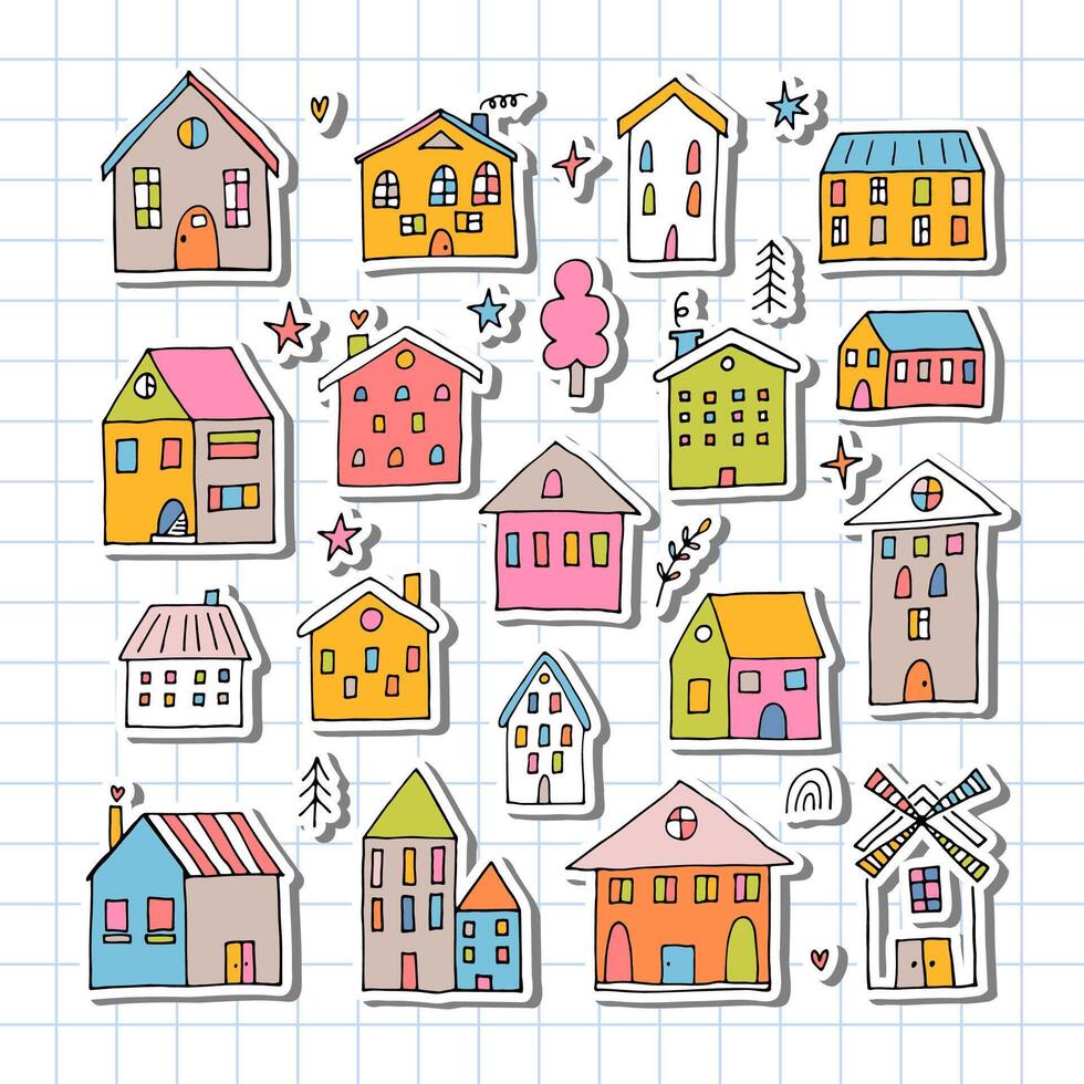 reeks van gekleurd hand- getrokken huizen. verzameling van geschetst gebouwen. tekening stijl. schattig stickers vector