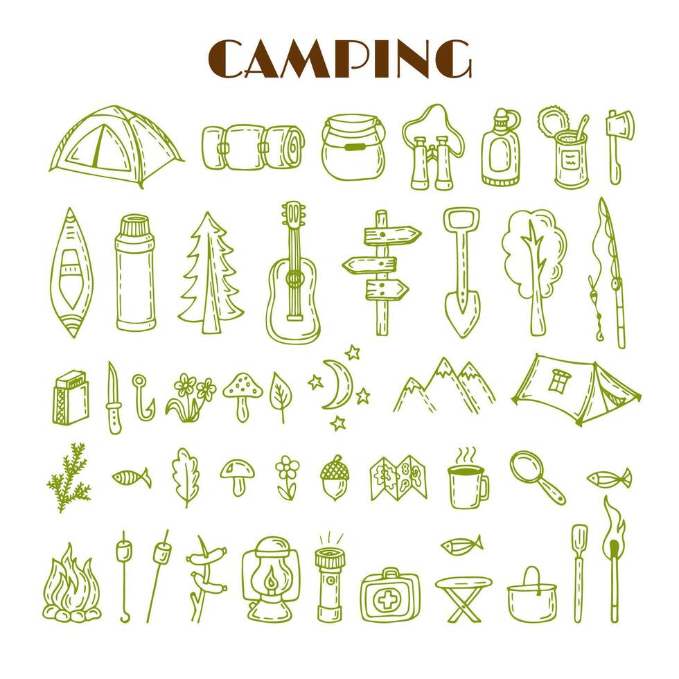 reeks van hand- getrokken camping en wandelen apparatuur. reizen en vakantie tekening verzameling. wandeltocht pictogrammen vector