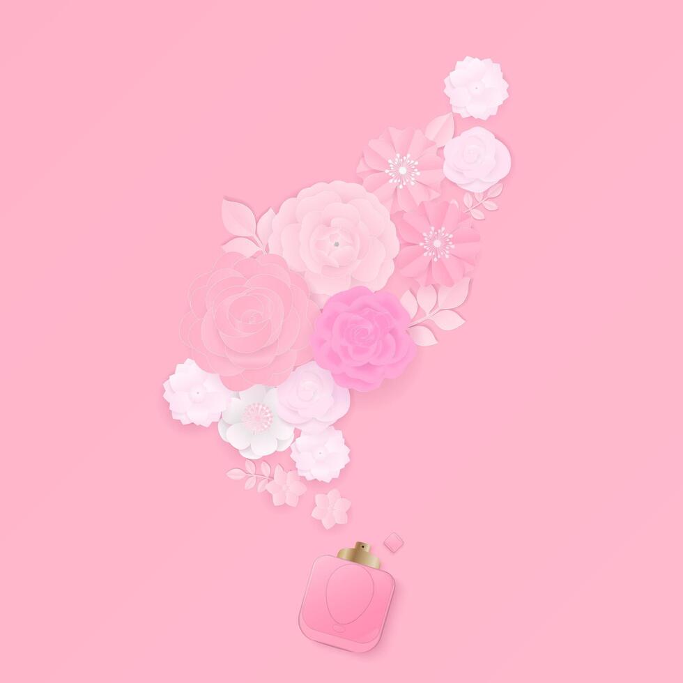 papier bloemen reeks met parfum Aan roze achtergrond vector