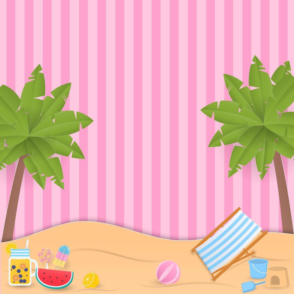 kokosnoot bomen met de strand Aan roze streep patroon vector