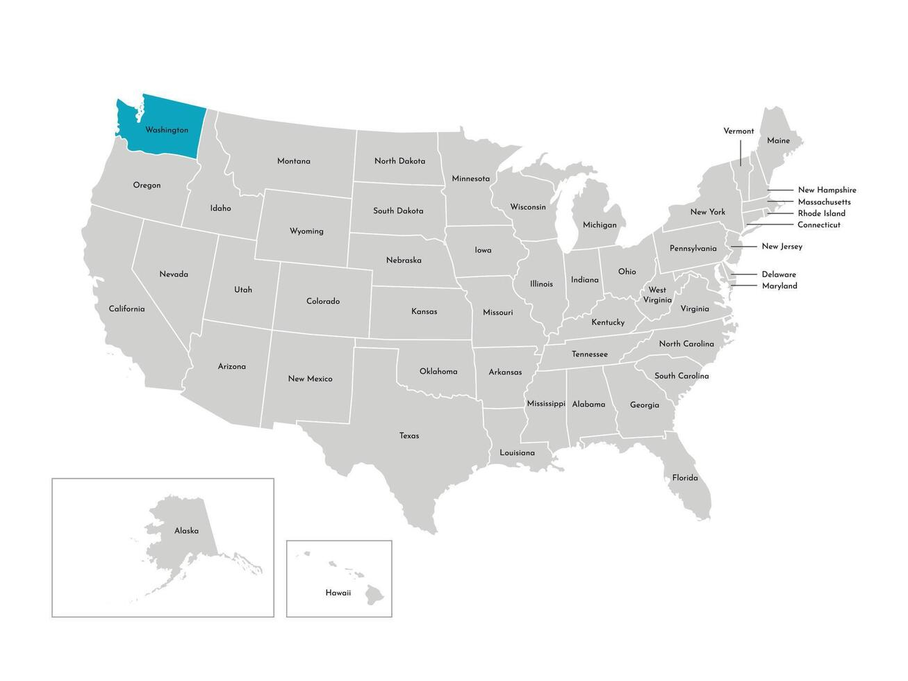 vector geïsoleerd illustratie van vereenvoudigd administratief kaart van de Verenigde Staten van Amerika. borders van de staten met namen. blauw silhouet van Washington, staat.