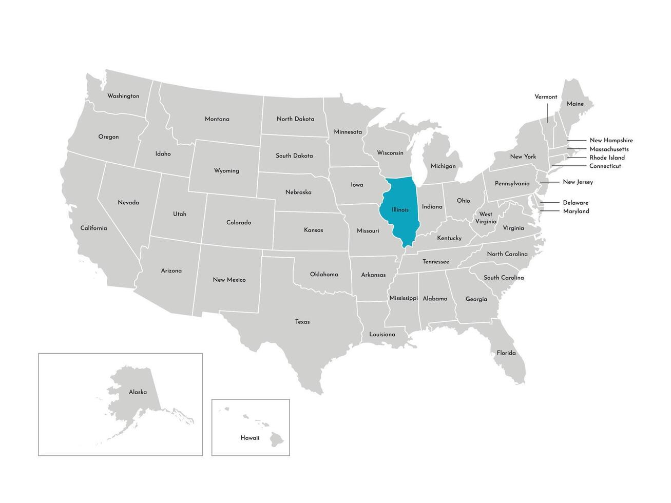 vector geïsoleerd illustratie van vereenvoudigd administratief kaart van de Verenigde Staten van Amerika. borders van de staten met namen. blauw silhouet van Illinois, staat.