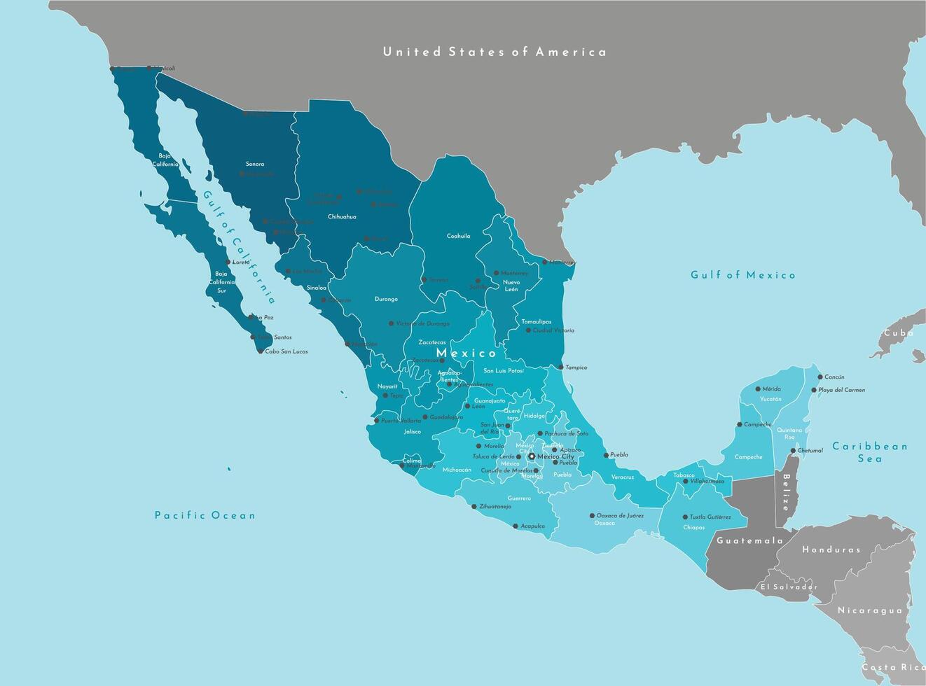 vector illustratie. vereenvoudigd geografisch kaart van Mexico, Verenigde Mexicaans staten en dichtstbijzijnde landen Verenigde Staten van Amerika, Belize en enz. blauw achtergrond van grote Oceaan oceaan. namen van Mexicaans steden en staten.