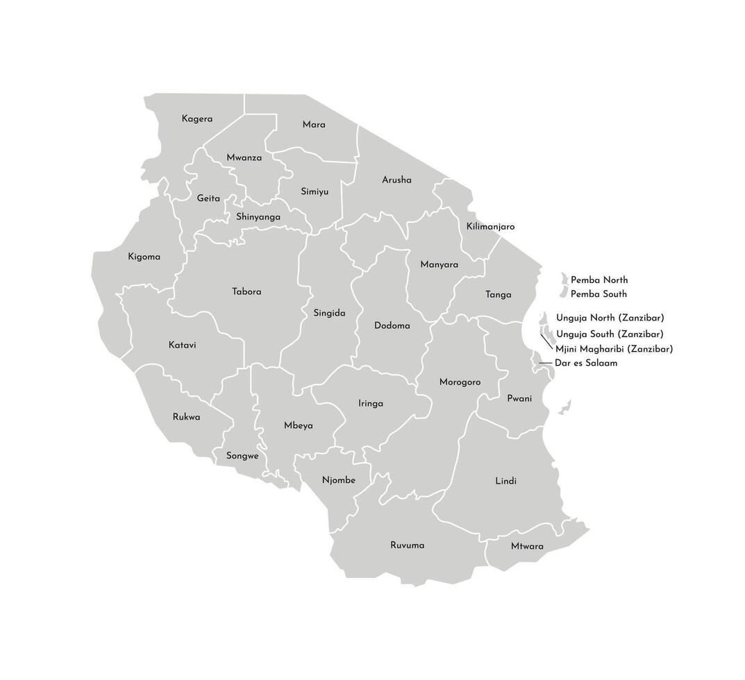 vector geïsoleerd illustratie van vereenvoudigd administratief kaart van Tanzania. borders en namen van de Regio's. grijs silhouetten. wit schets.