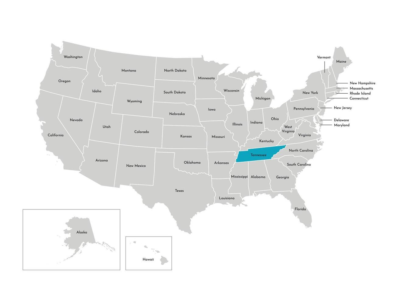 vector geïsoleerd illustratie van vereenvoudigd administratief kaart van de Verenigde Staten van Amerika. borders van de staten met namen. blauw silhouet van Tennessee, staat.