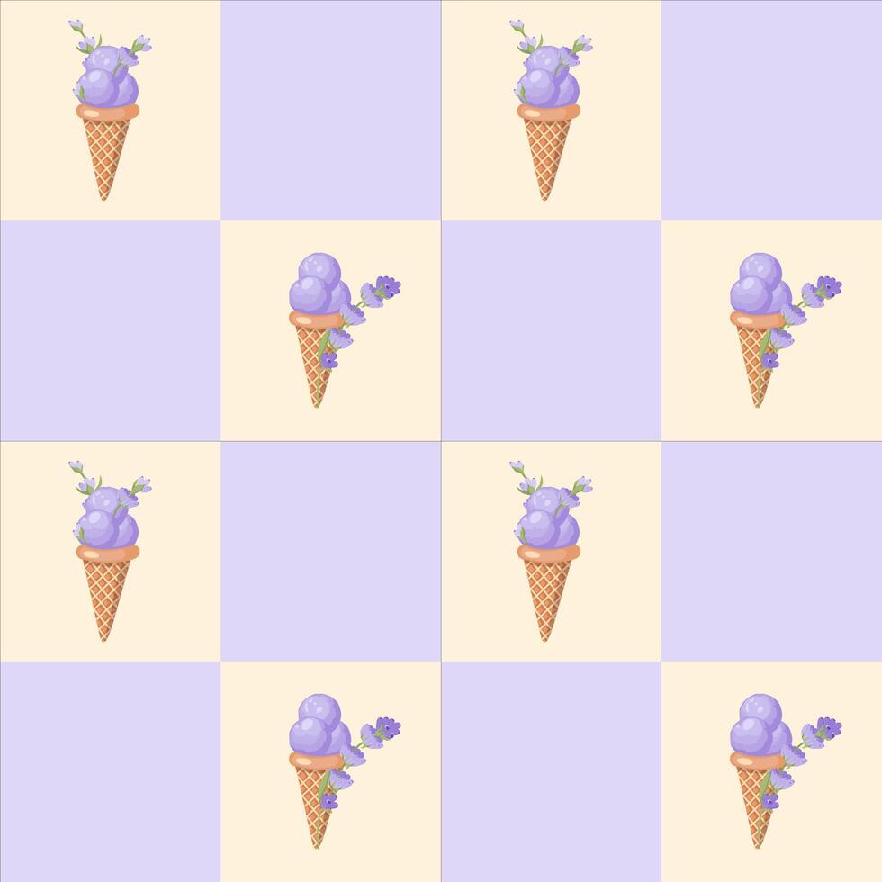 lavendel ijs room. drie scheppen van romig zoet toetje in een wafel ijshoorntje. Purper sorbet. naadloos patroon. vector illustratie.