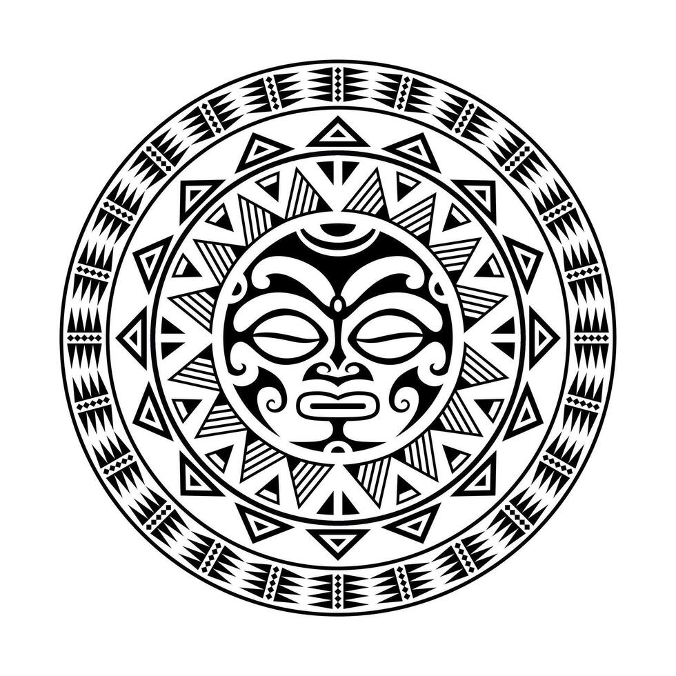 rond tattoo-ornament met maori-stijl van het zongezicht. Afrikaans, Azteken of Maya etnisch masker. vector