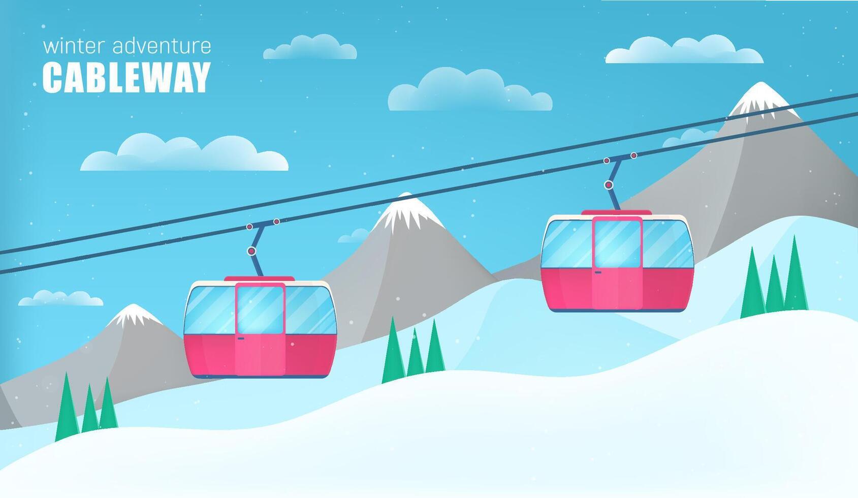 roze kabel auto's in beweging bovenstaand de grond tegen winter landschap met ski helling gedekt met sneeuw, bomen en bergen Aan achtergrond. kabelbaan of antenne tillen. kleurrijk tekenfilm vector illustratie.