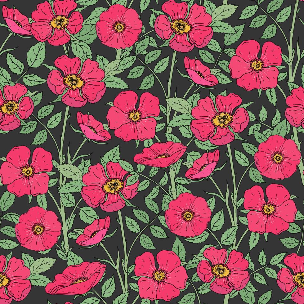 bloemen naadloos patroon met bloeiend hond rozen, groen stengels en bladeren Aan donker achtergrond. elegant roze bloemen hand- getrokken in antiek stijl. natuurlijk vector illustratie voor achtergrond, textiel afdrukken.