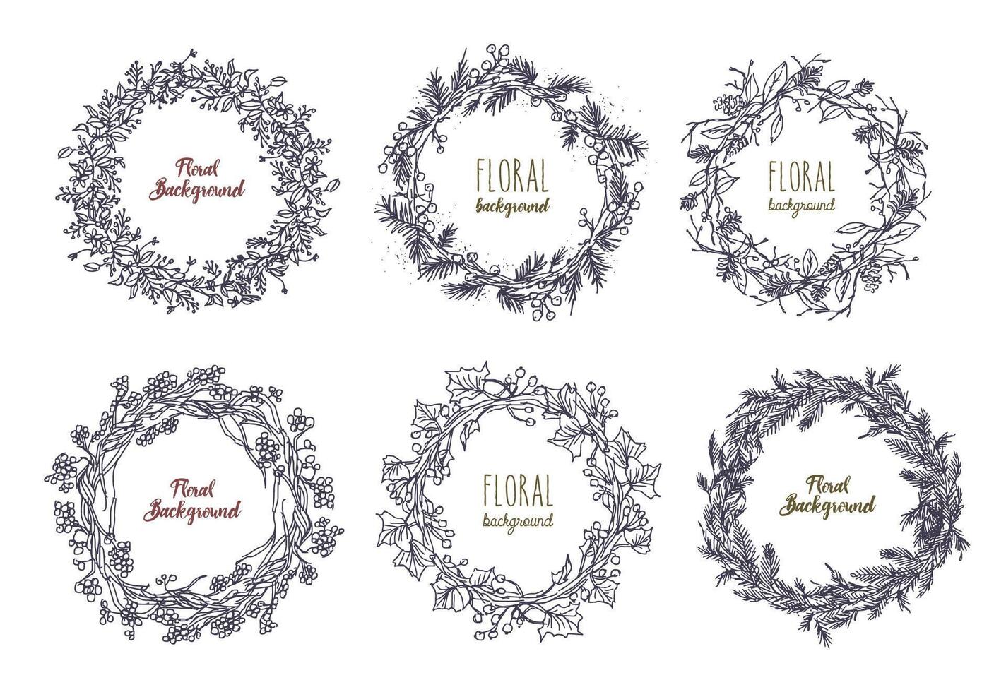 verzameling van elegant hand- getrokken kransen of circulaire slingers gemaakt van met elkaar verweven bloemen, takken en bladeren. decoratief bloemen elementen geïsoleerd Aan wit achtergrond. monochroom vector illustratie.