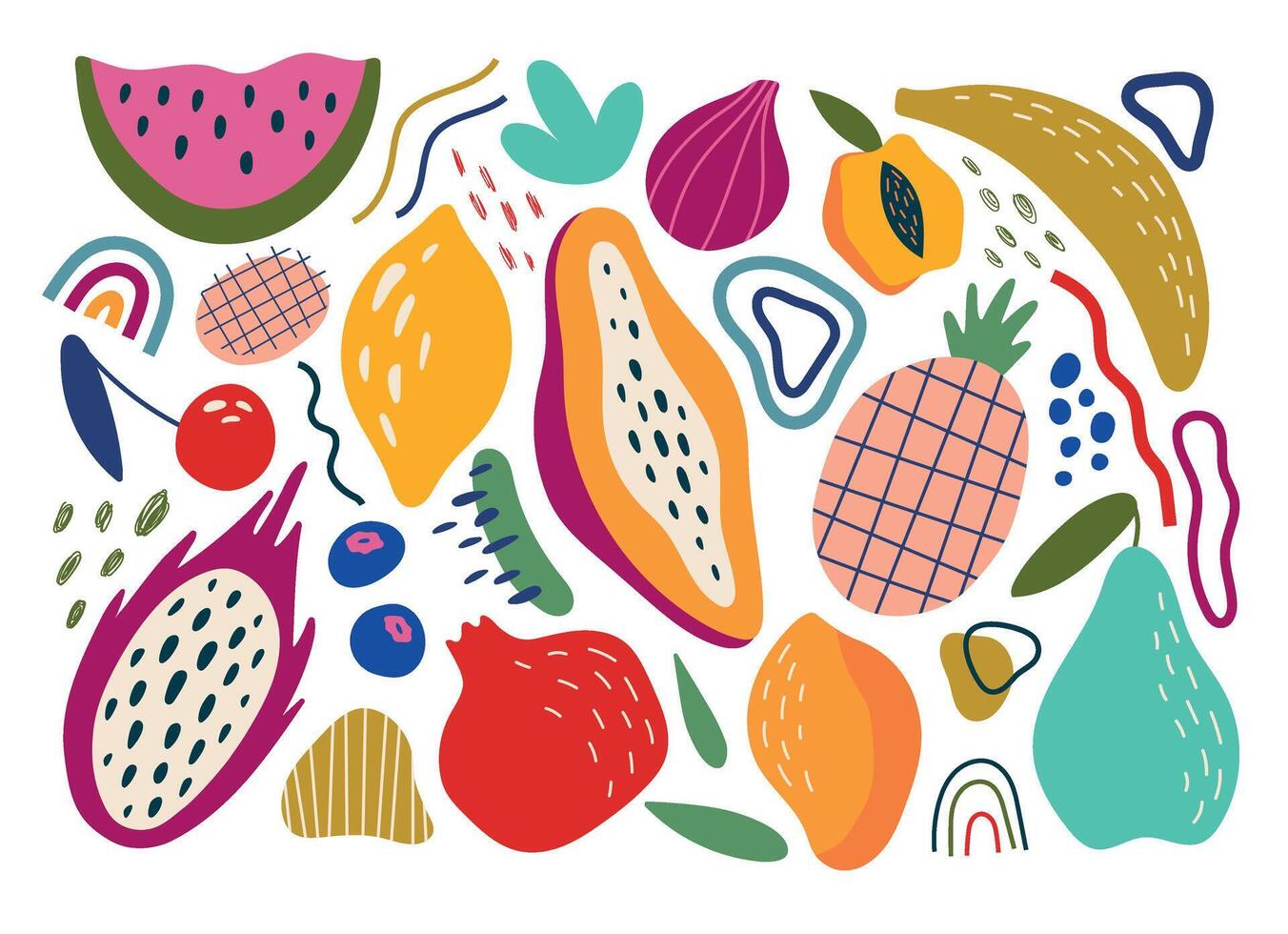 exotisch fruit groot set. mango, papaja, banaan, ananas en anderen. modern stijl, abstract elementen. vector illustratie