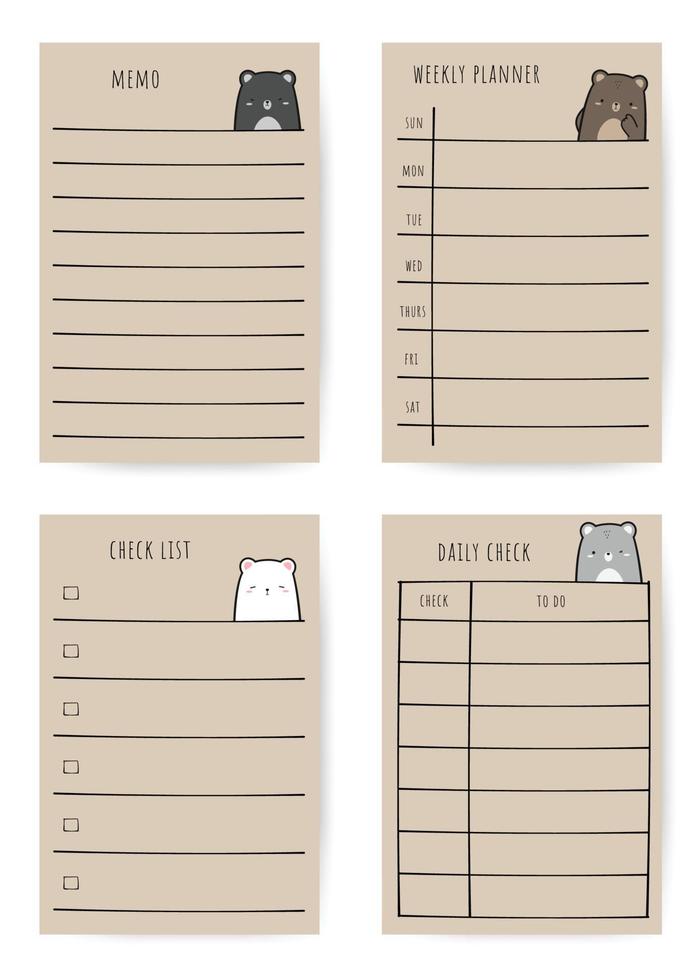 papieren notitie wekelijkse planner takenlijst met teddybeer cartoon decor vector