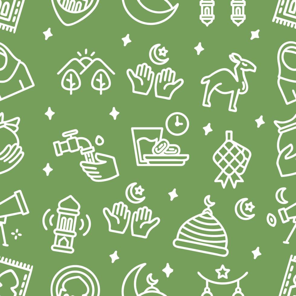 naadloos patroon van Ramadan Aan een groen achtergrond. hand getekend vector illustratie.
