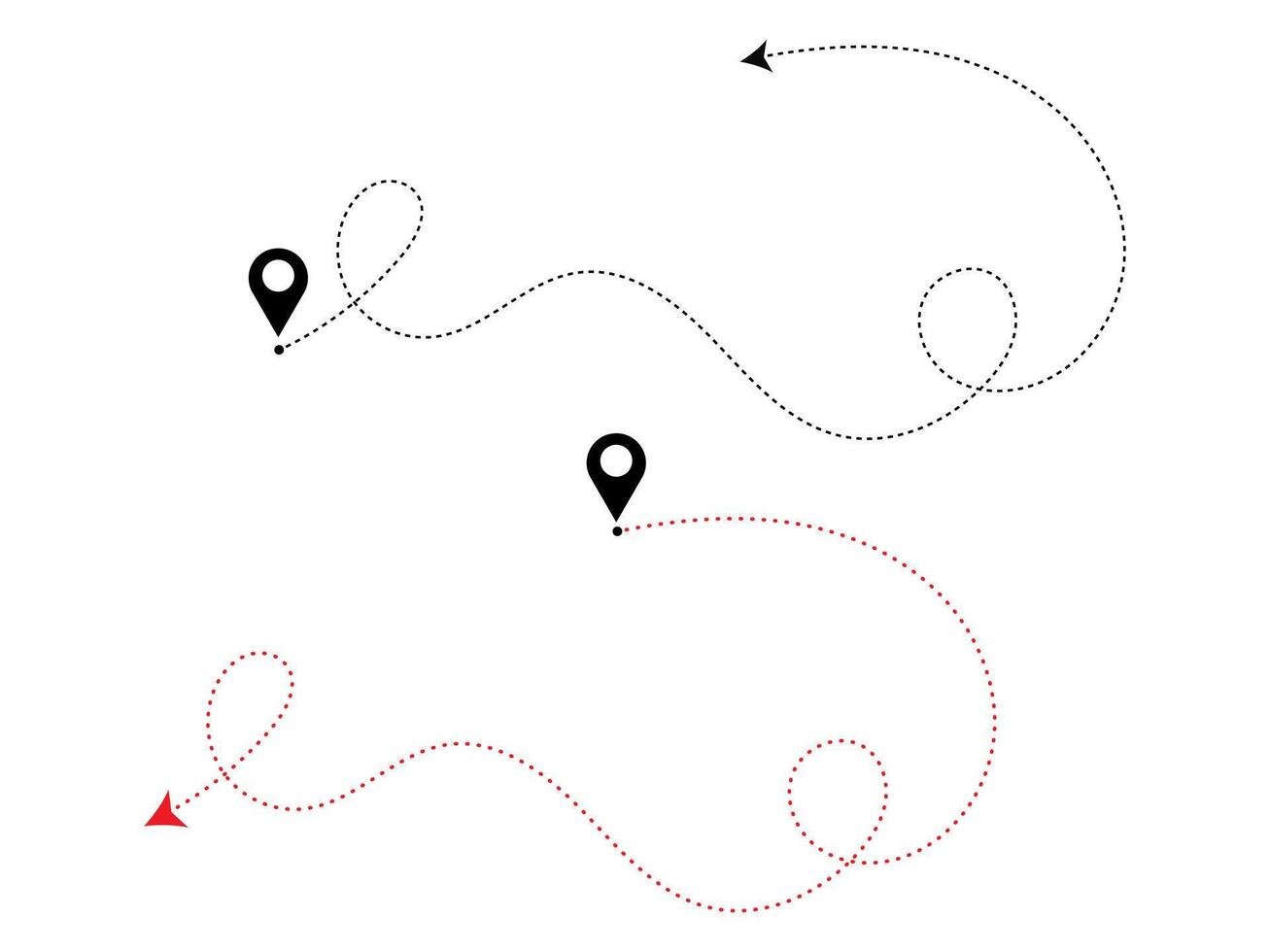 stippel lijn pijl route pad plaats pin met kronkelend vector. vector