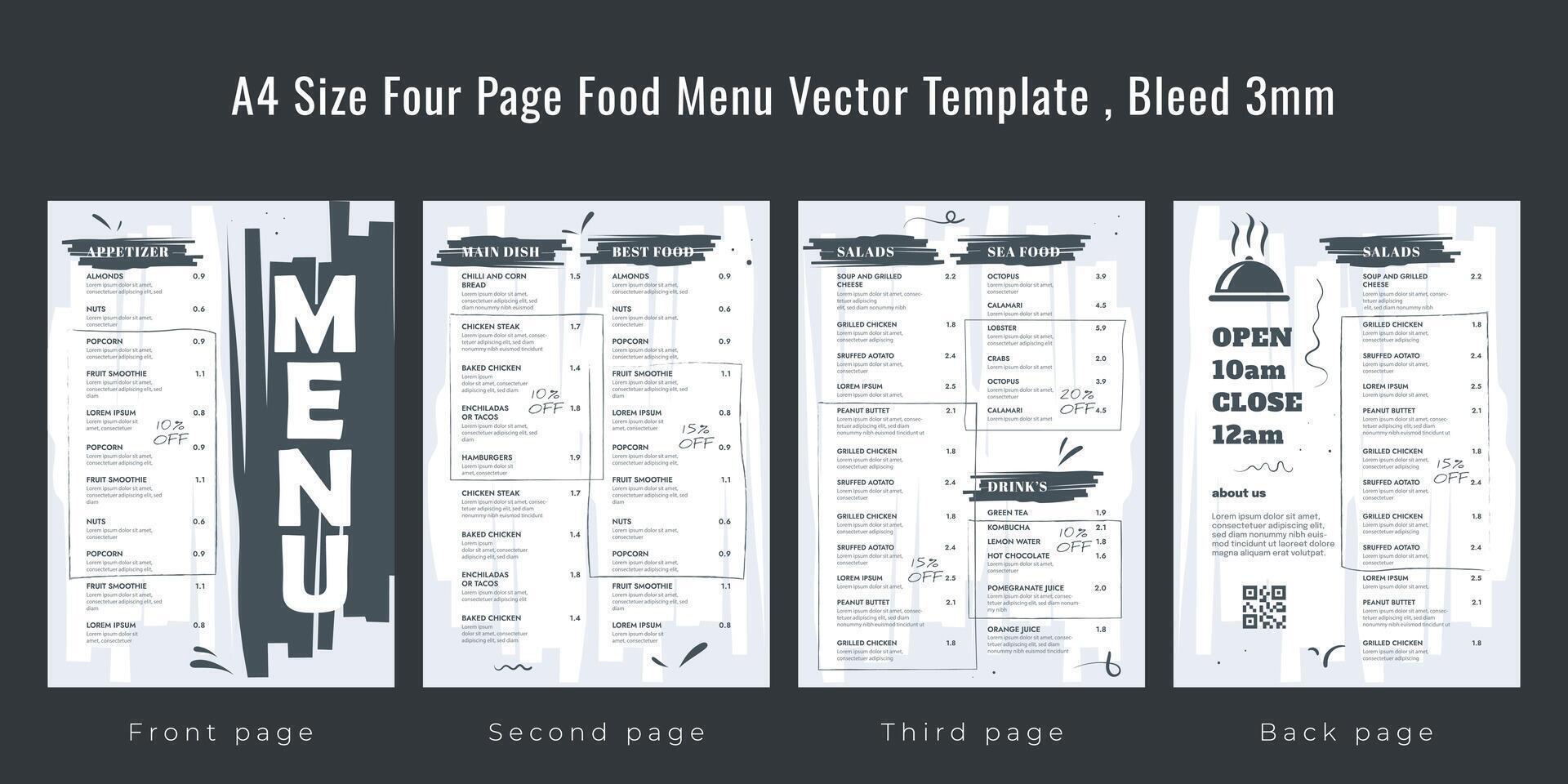 restaurant cafe menu, sjabloon ontwerp, a4 grootte vier bladzijde voedsel menu sjabloon, bloeden 3mm vector