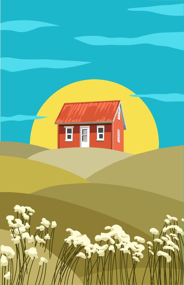 illustratie van een rood geschilderd huis Aan een heuvel met paardebloemen en de lucht is blauw vector