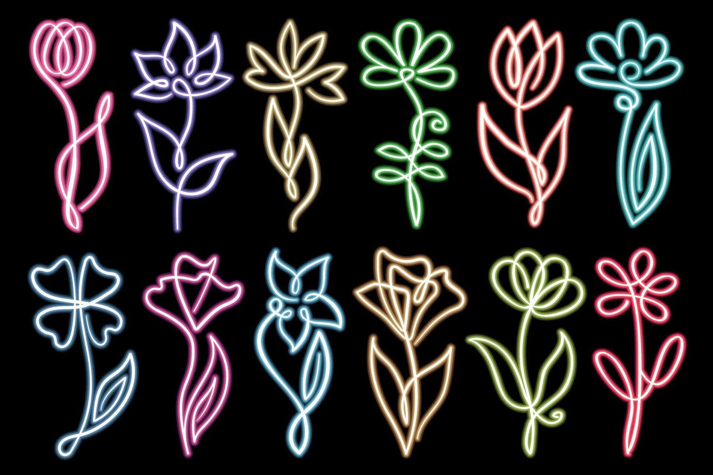 neon bloemen set. kleurrijk gloeiend vector bloem tekens. schijnend bloem illustraties getrokken met single lijn.